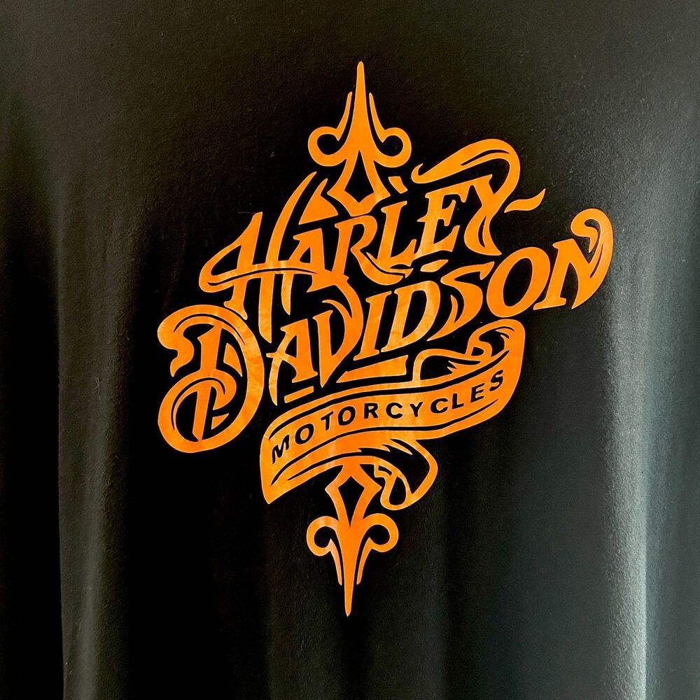 Harley Davidson Shirt Mens XL Black Orange Graphic Casual Motorcycle Biker Tee
